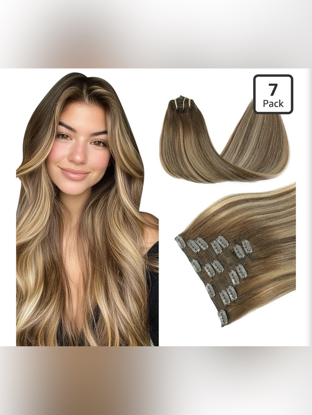 18” Chocolate Brown > Caramel Blonde Clip-In Human Hair Extensions 120g 7ps #022
